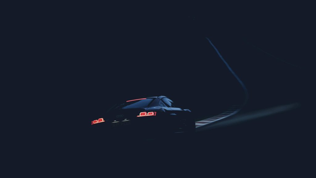 Audi R8 dark mode wallpaper luxury supercar sleek silhouette glowing taillights winding track