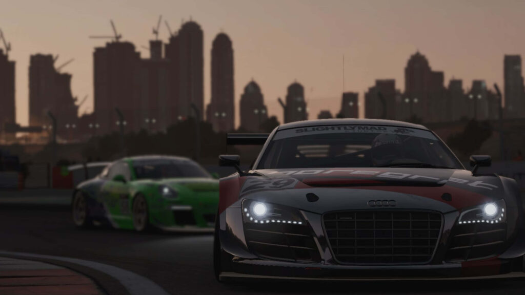 4k wallpaper green red Audi R8 LMS racing at dusk city skyline sports car pursuit background