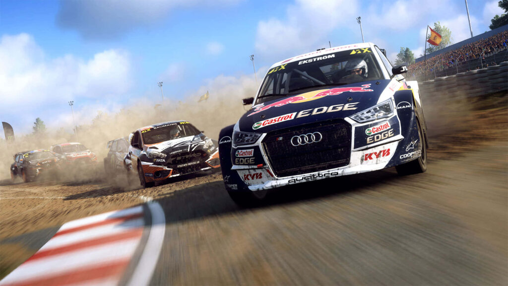 Audi rally car racing on dirt track kicking up dust leading intense rally race wallpaper