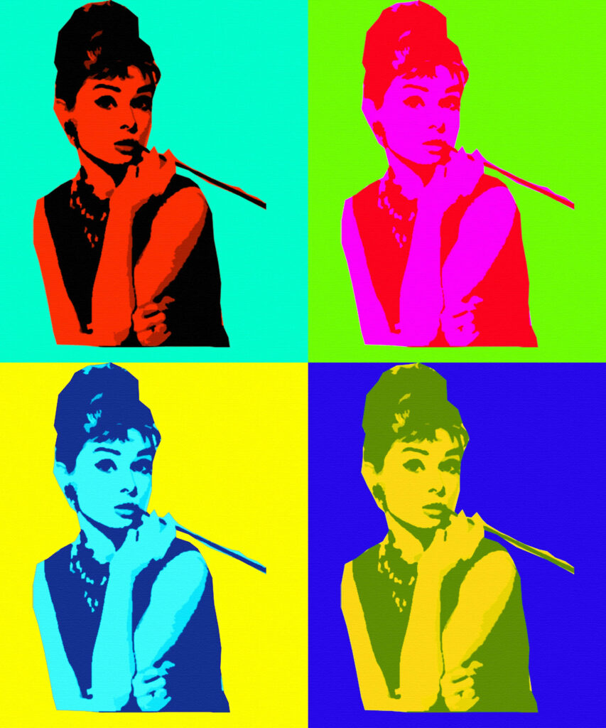 Audrey Hepburn pop art wallpaper bright colorful retro iconic pose repeated four times background