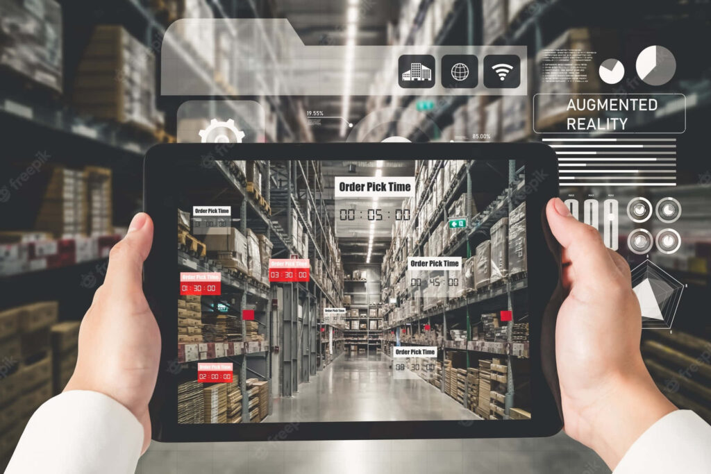 AR Warehouse Interface on Tablet: Real-Time Inventory & Order Data Wallpaper