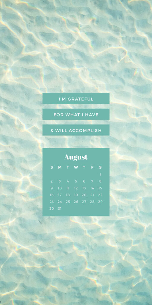 August 2021 calendar wallpaper blue water ripples sunlight gratitude quote peaceful design