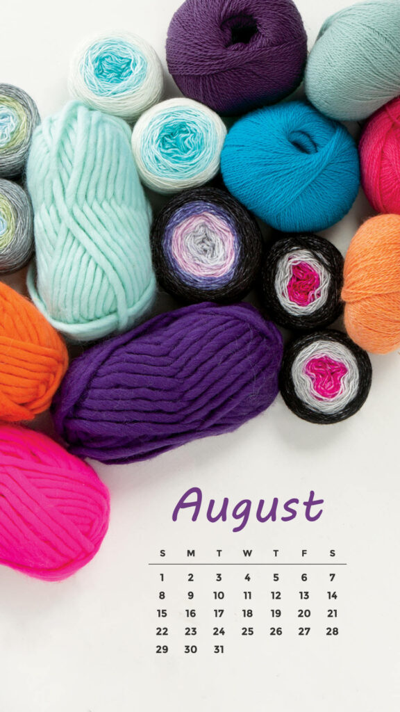 August 2021 calendar wallpaper with colorful yarns purple teal orange pink on white background