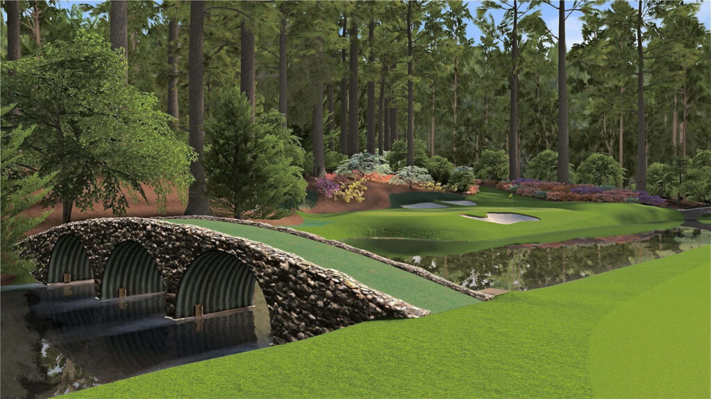 Augusta National Golf Course iconic bridge with lush greenery azaleas and manicured fairways wallpaper