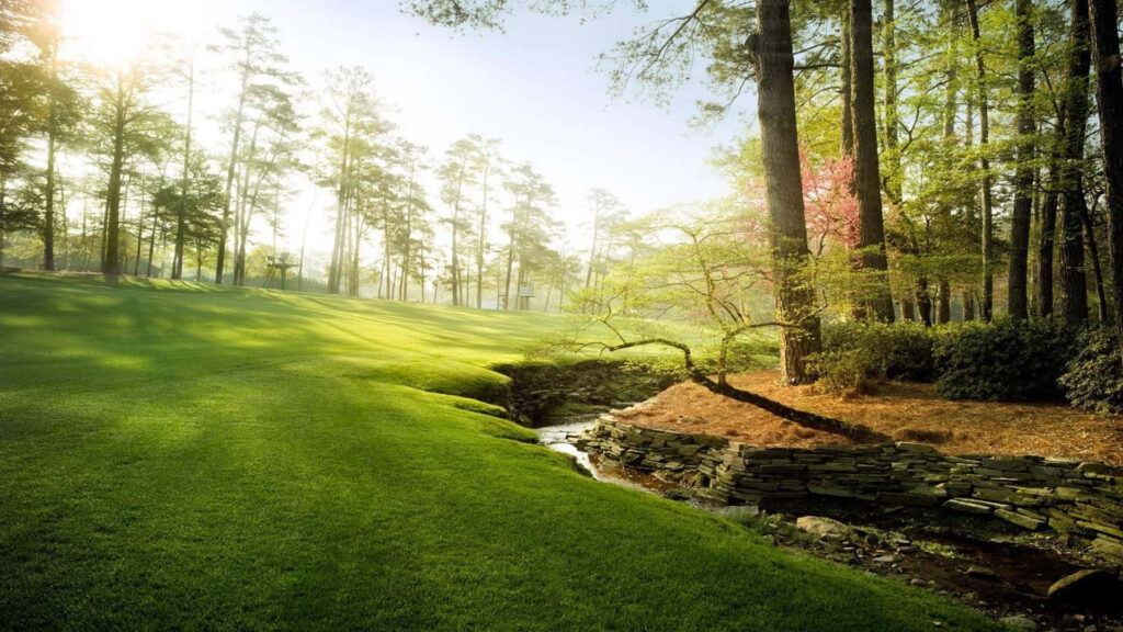 Early morning light over lush green fairways at Augusta National Golf Course wallpaper background