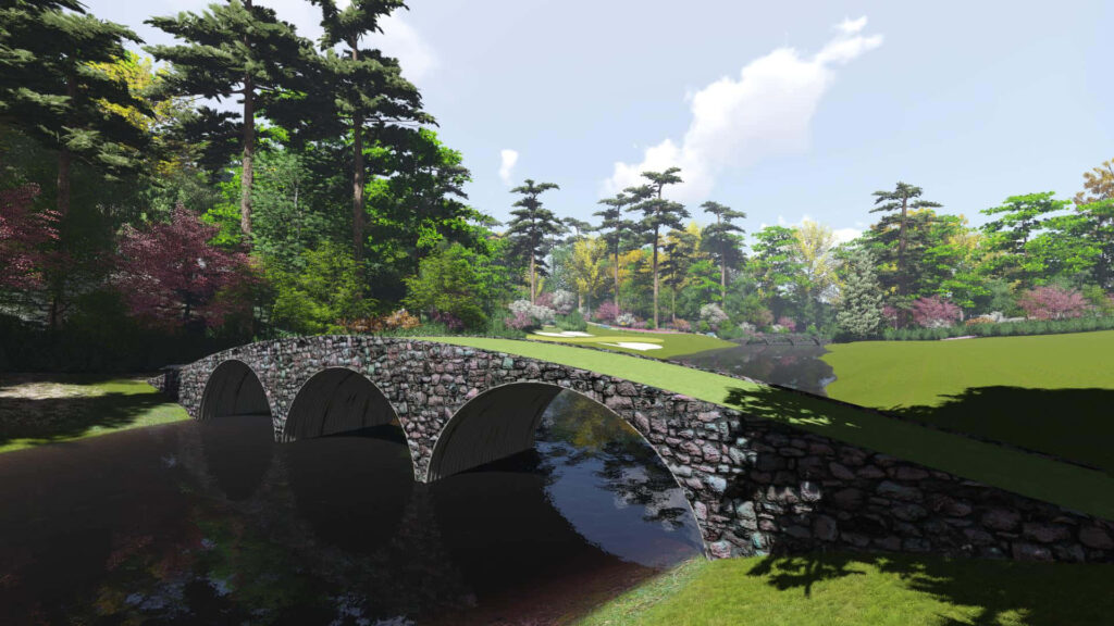 Augusta National Golf Course stone bridge over calm river lush green fairways vibrant trees bright sky Wallpaper