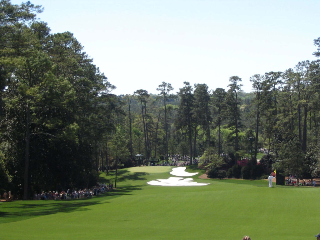 Augusta National Golf Course fairways and white sand bunkers scenic wallpaper background