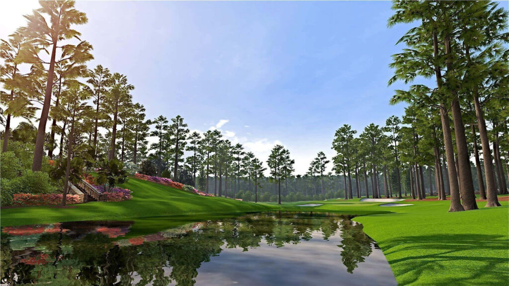 Augusta National Golf Course lush fairways pine trees water reflection clear blue sky wallpaper