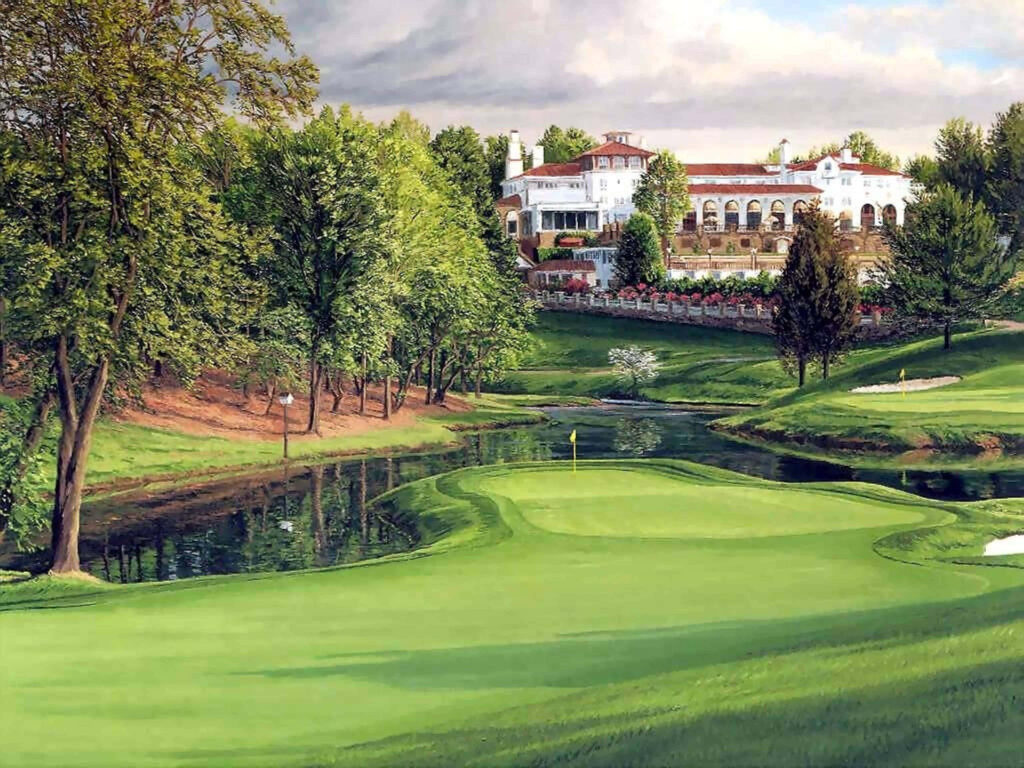 Augusta National Golf Course lush fairways reflective water iconic clubhouse among tall trees wallpaper