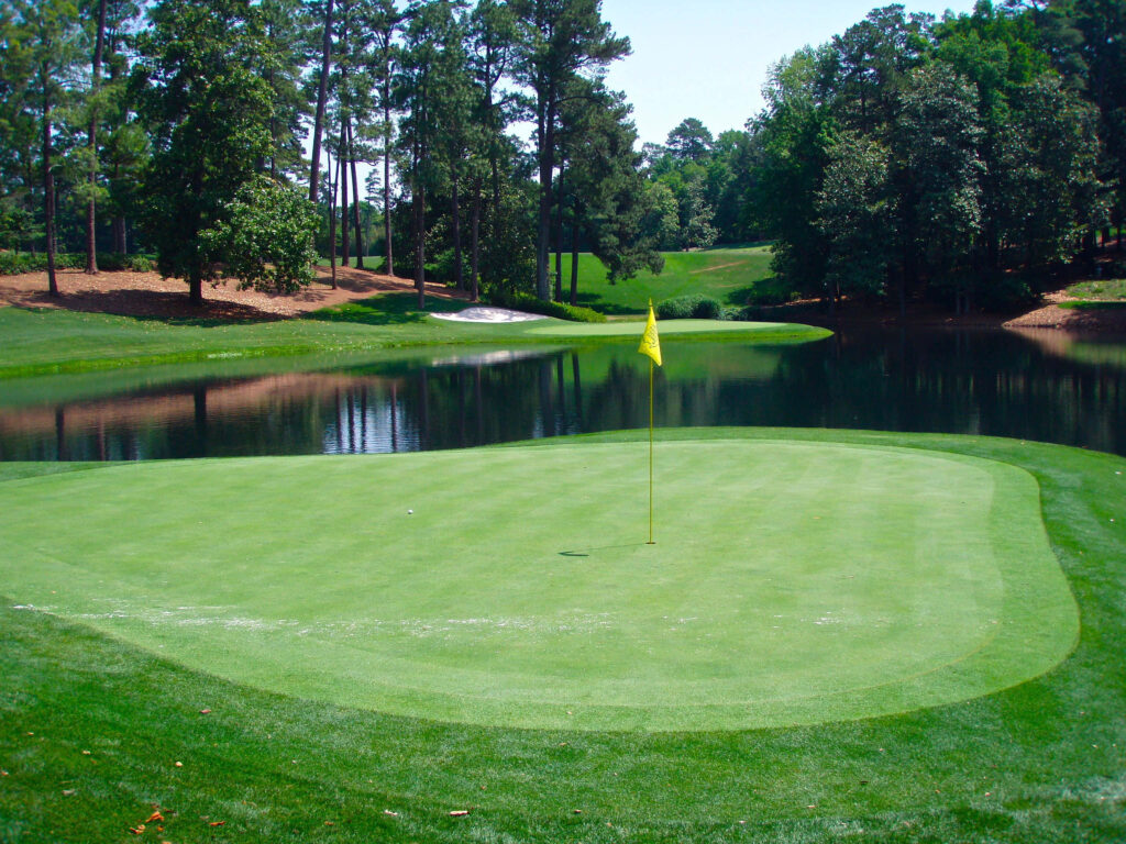 Augusta National Golf Course vibrant green fairway pond lush trees clear sky wallpaper background