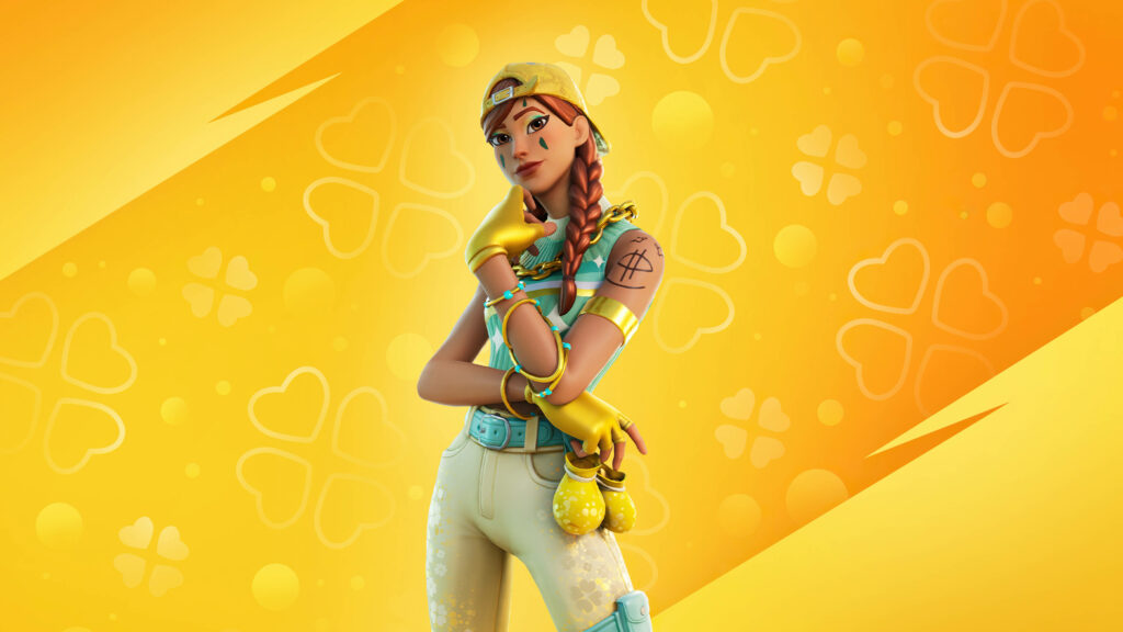 Vibrant Aura in Iconic Fortnite Apparel: Yellow Cap, Green Top, and White Bottoms, Set Against a Bold Background - Epic Fortnite iPad Wallpaper