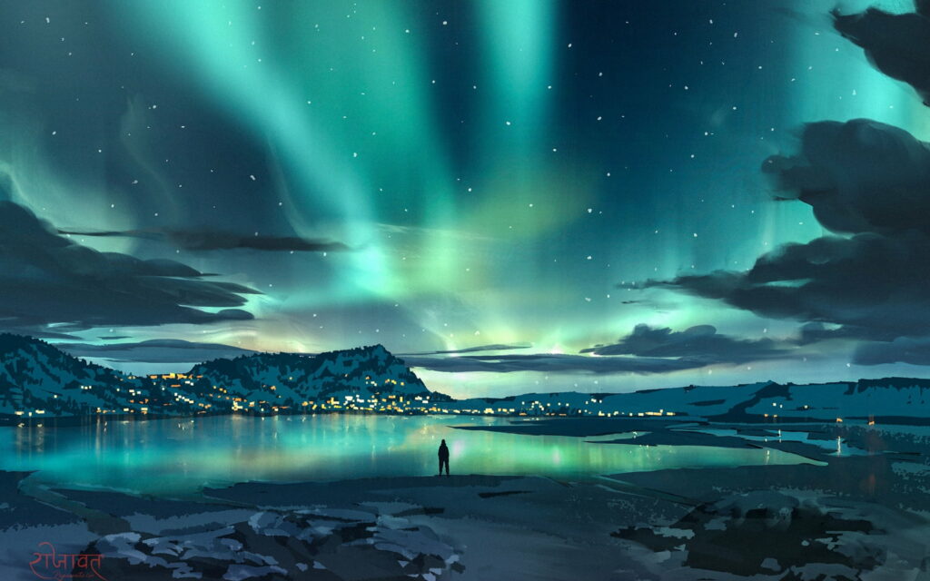 1920x1200 1080p Full HD Starry Night's Aurora: A Majestic HD Wallpaper of Nature's Artistry