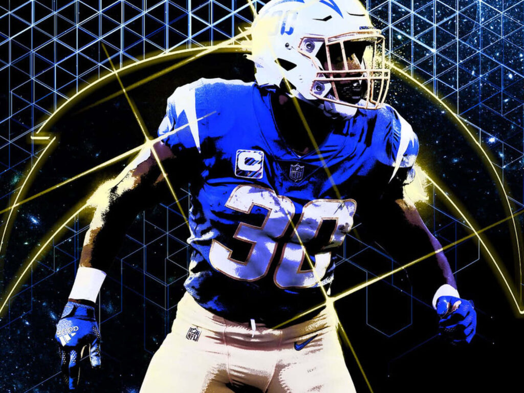 Austin Ekeler Chargers wallpaper with dynamic action pose and vibrant blue gold geometric design