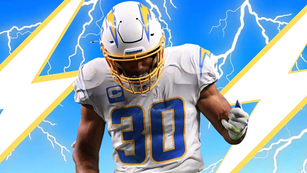 Austin Ekeler in Chargers uniform with lightning bolts background showing dynamic energy Wallpaper