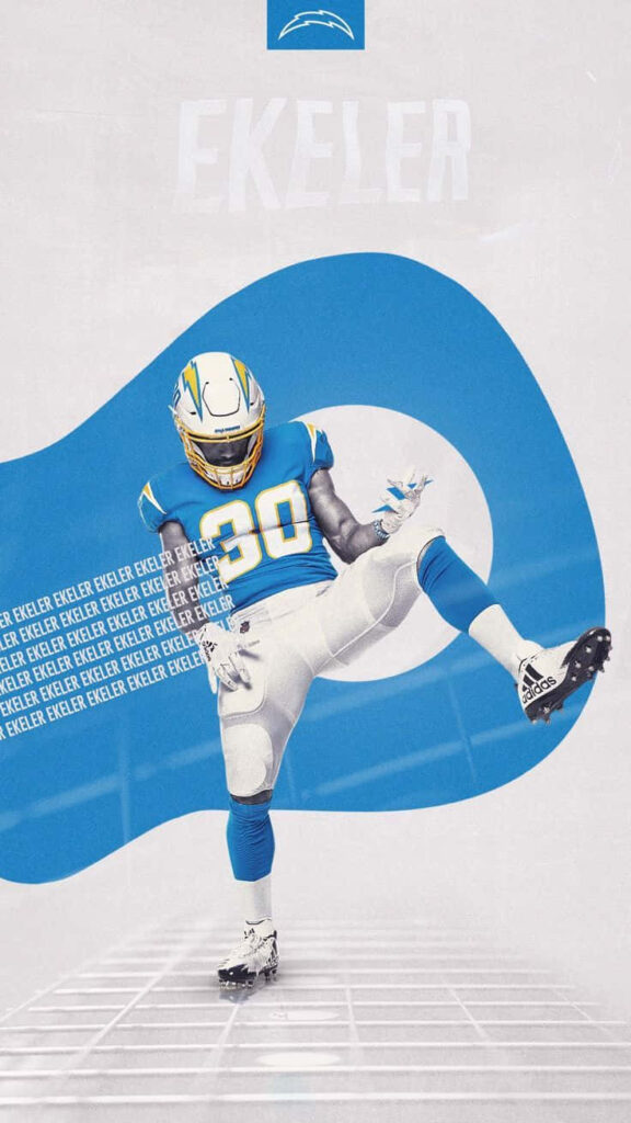 Austin Ekeler Los Angeles Chargers wallpaper dynamic pose blue white background team logo