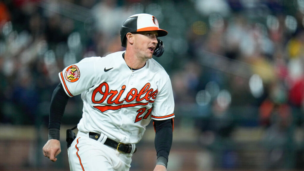 Austin Hays Orioles intense action shot focused during game wallpaper background baseball player