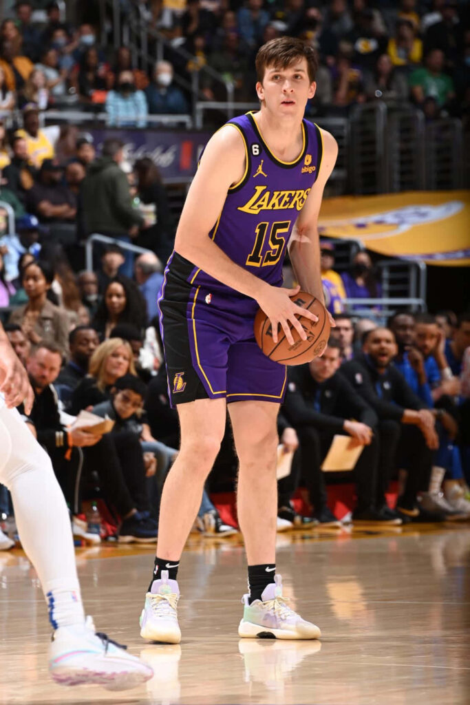 Austin Reaves Lakers free throw focused intense concentration basketball game wallpaper background