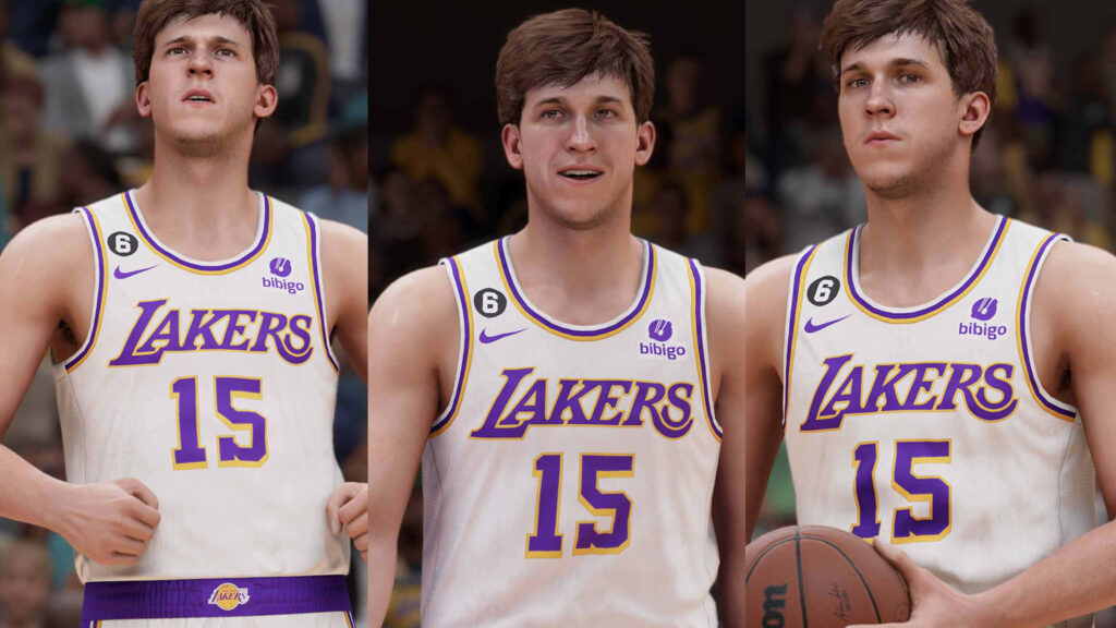 Triptych wallpaper of Austin Reaves in Lakers uniform number 15 showing three dynamic basketball poses