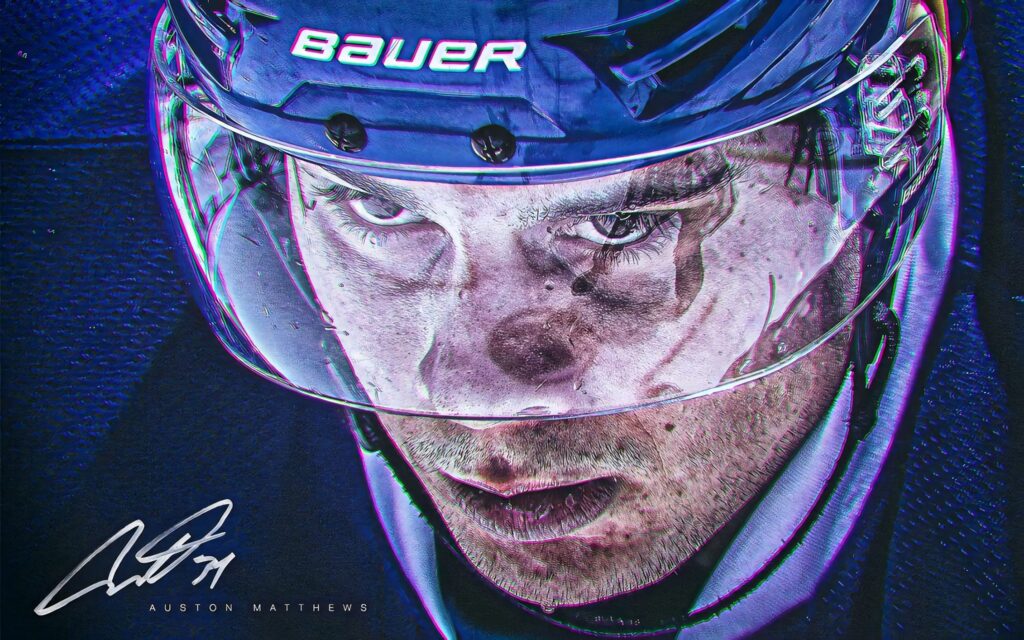 Close-up of Auston Matthews focused in full hockey gear on ice with a wallpaper background