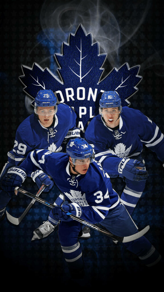 Auston Matthews and Toronto Maple Leafs players in intense hockey action with team logo backdrop Wallpaper