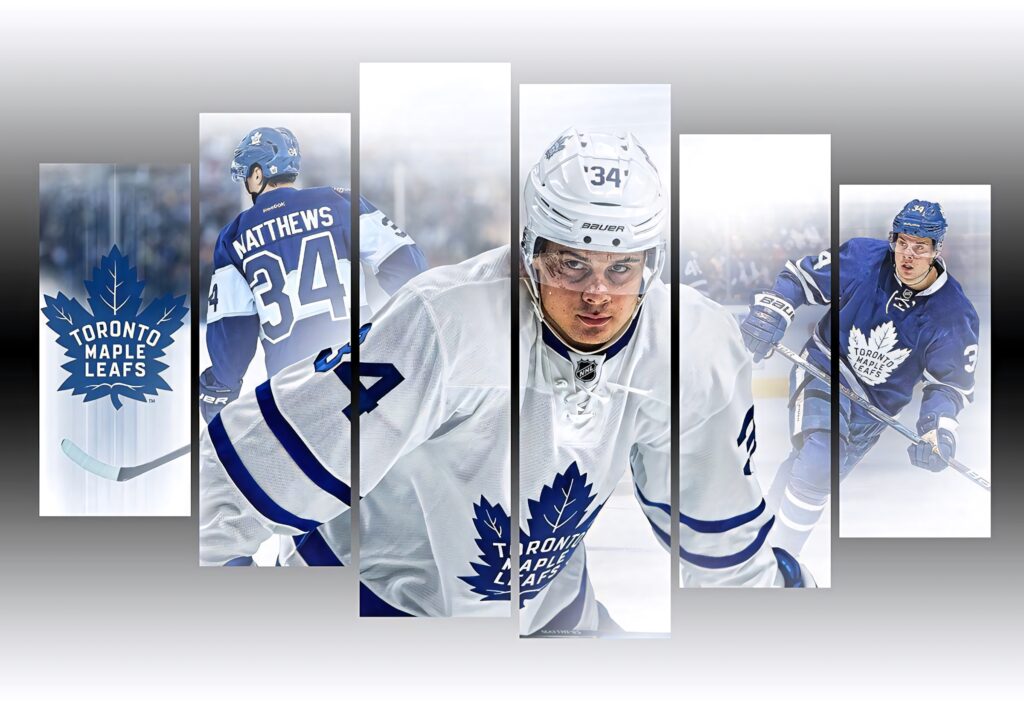 Auston Matthews Toronto Maple Leafs action collage wallpaper with multiple poses and logo