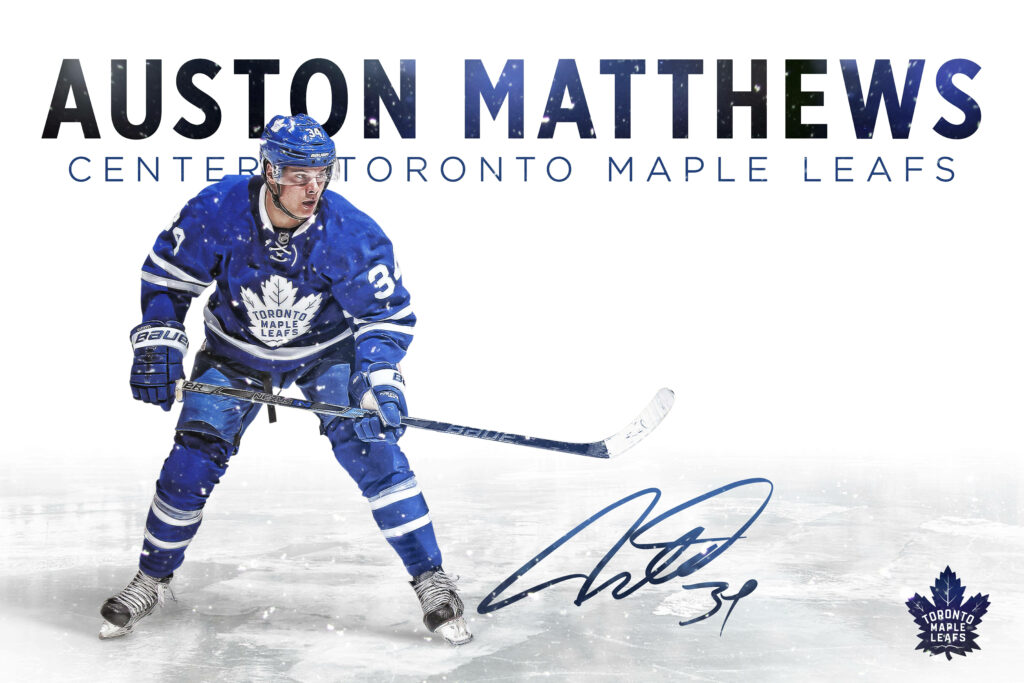 Auston Matthews Toronto Maple Leafs signature wallpaper with star center in action on white background