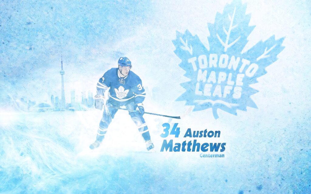 Auston Matthews in Toronto Maple Leafs uniform with icy blue background and team logo wallpaper