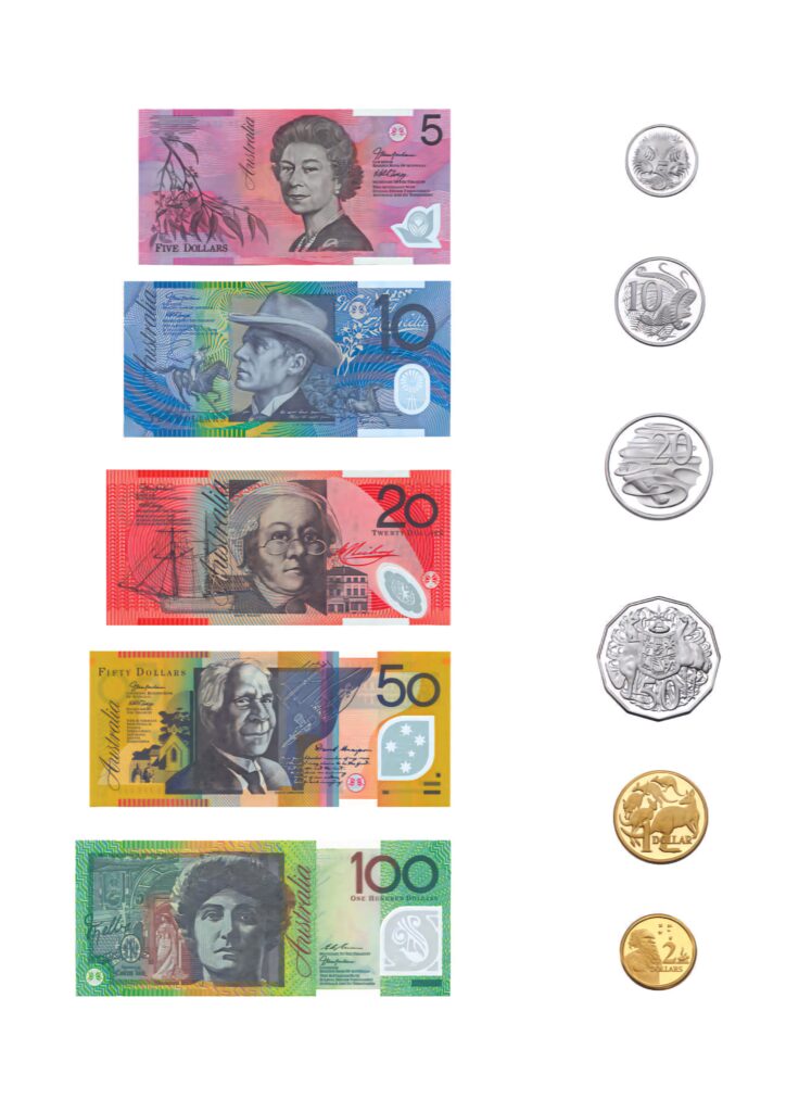Australian Dollar banknotes and coins wallpaper showing vibrant currency designs and denominations