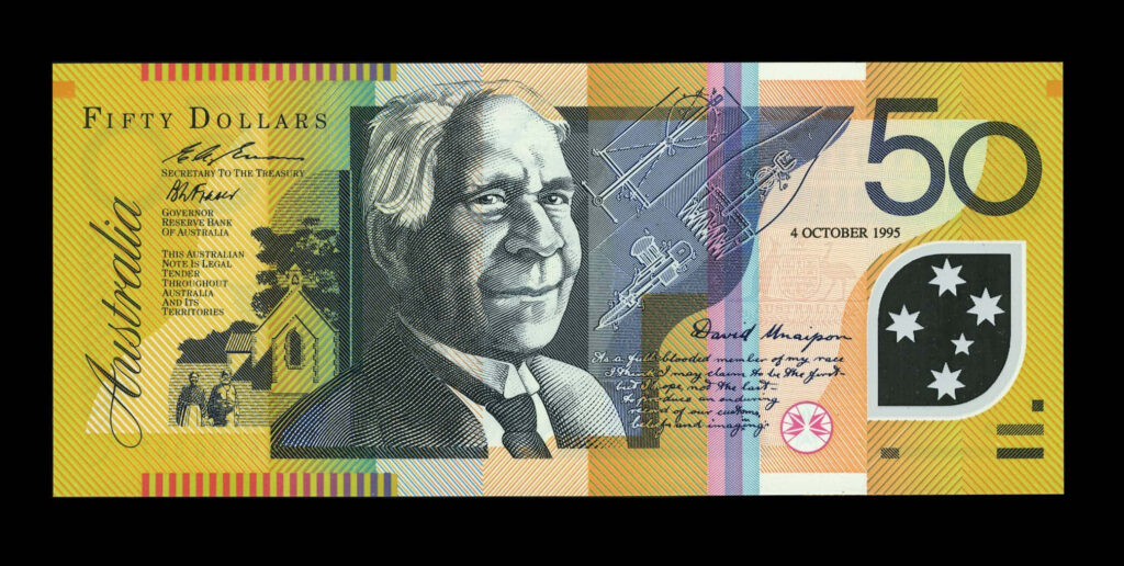 Australian fifty dollar banknote wallpaper featuring David Unaipon and intricate security designs