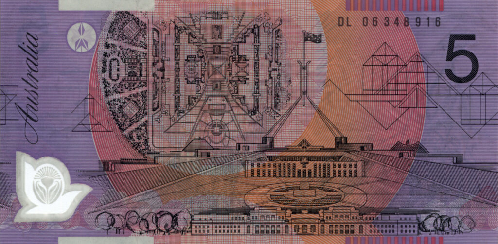 Detailed wallpaper of Australian five dollar banknote with geometric patterns and Parliament House