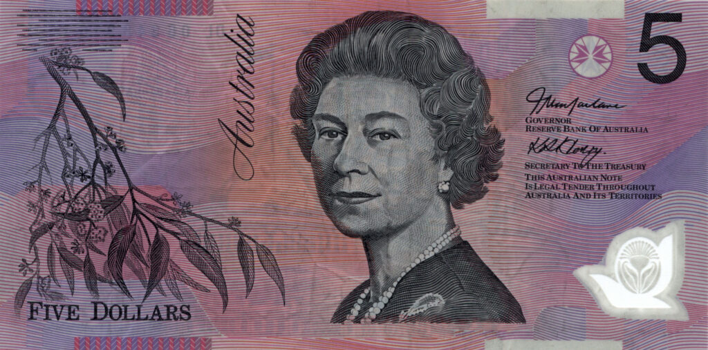 Australian five dollar note wallpaper with Queen Elizabeth II and native flora background