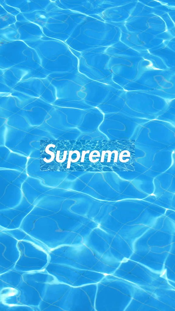 Blue Hypebeast wallpaper with Supreme white box logo over vibrant swimming pool ripples background