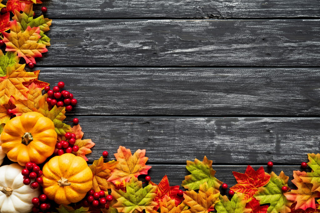 Festive Fall Foliage: Vibrant Maple Leaves and Pumpkins on a Colorful Autumn Board - 4K Wallpaper Background