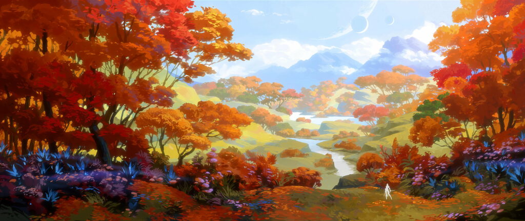 5120x2160 UHD 5K Autumn Symphony: A Digital Artwork of Majestic Trees in HD Wallpaper