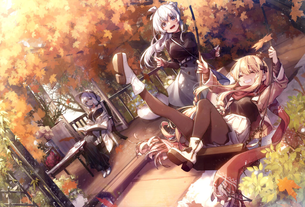 Vibrant Azur Lane Autumn Wallpaper: Joyful Characters in Golden Foliage