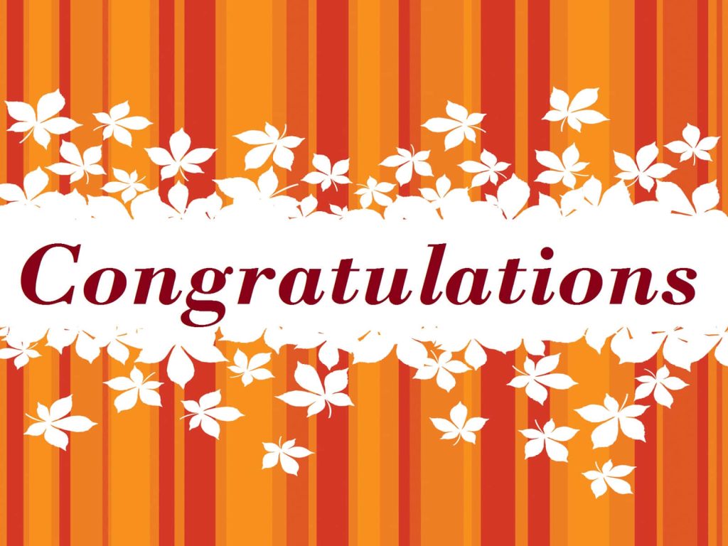 Autumn themed congratulations card with dark red text orange red stripes and white maple leaves border Wallpaper