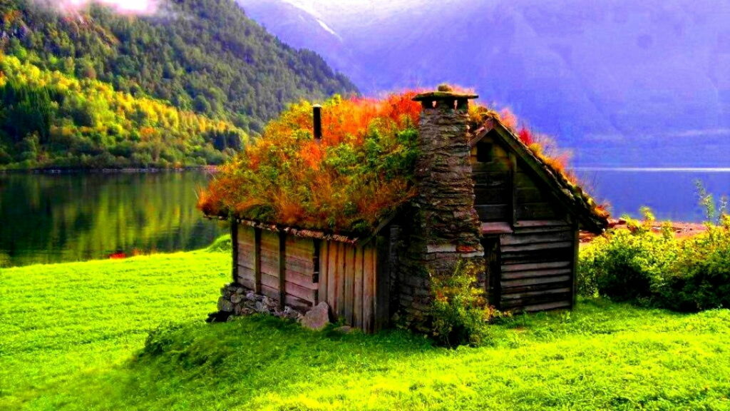 Autumn Retreat: A Scenic Mountain Cottage Amidst Nature's Colorful Canopy – HD Wallpaper