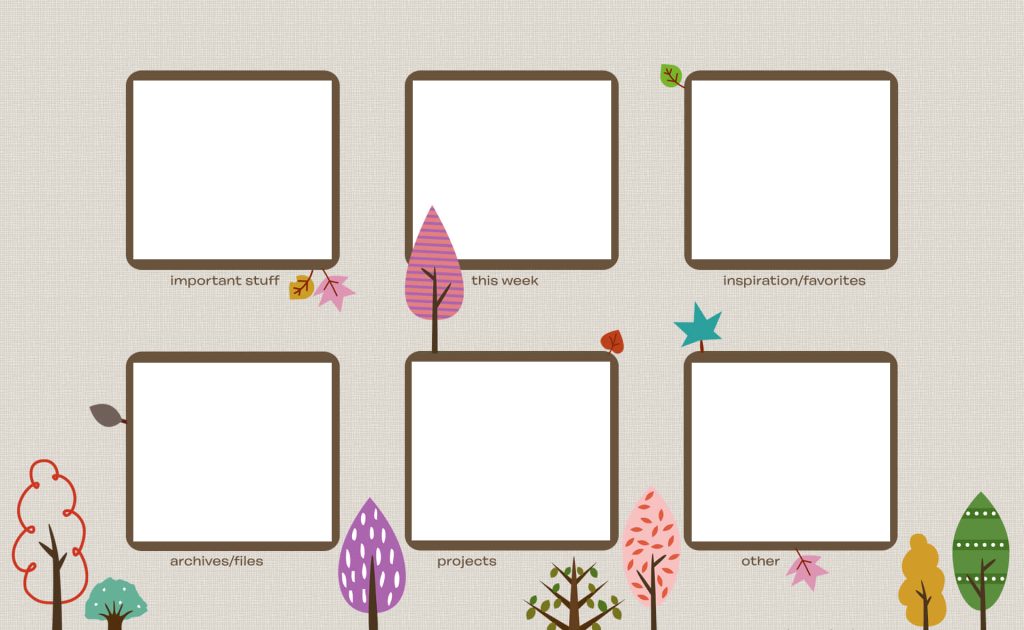 Cute desktop organizer wallpaper with labeled frames colorful trees autumn leaves textured gray