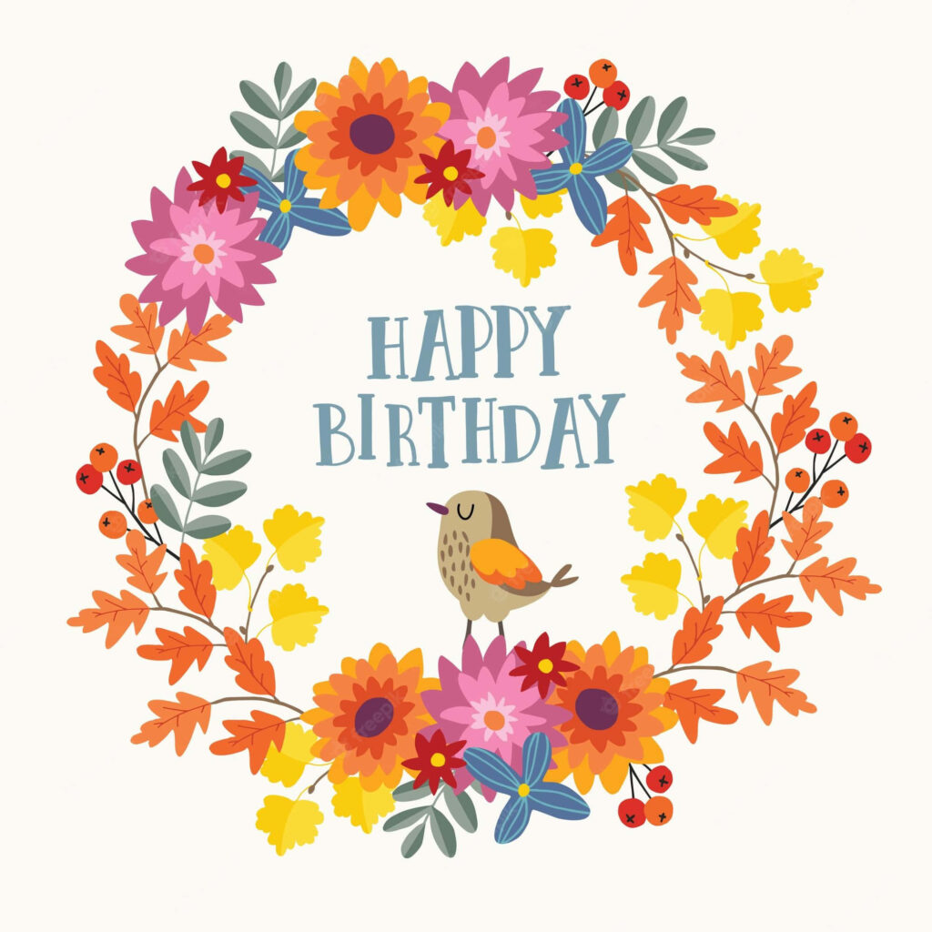Festive Autumn Vibes: Exquisite Floral Wreath with Playful Orange-winged Bird - Perfect for Fall Birthday Celebrations! Wallpaper