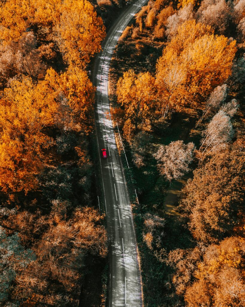 Aerial view of winding road through vibrant autumn forest with red car on asphalt background Wallpaper