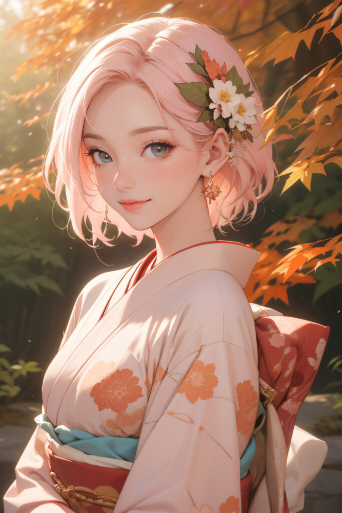 Autumn Kimono Girl: Anime Wallpaper with Floral Patterns & Golden Leaves