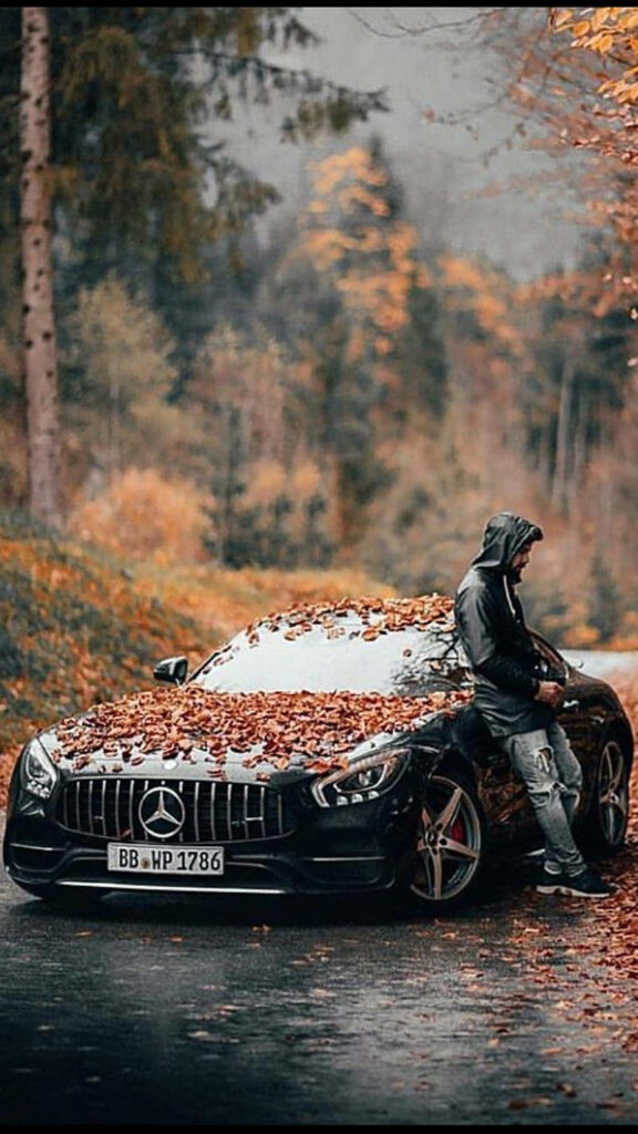 Autumn Serenity: Mercedes-Benz Car Wallpaper with Fall Leaves