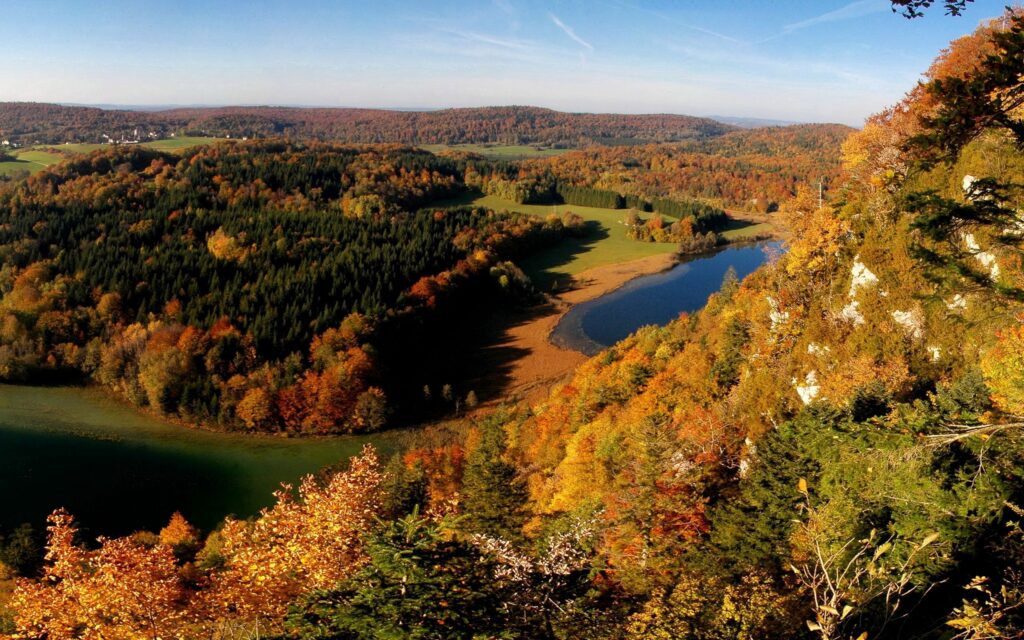 Aerial view of a winding river through dense autumn forests with vibrant fall foliage wallpaper