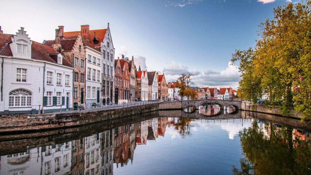 Charming Brussels Riverfront Houses & Autumn Reflections Wallpaper