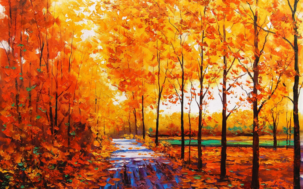 Autumnal Path through a Farmstead's Orchard: A Captivating Fall Farm Background Image Wallpaper