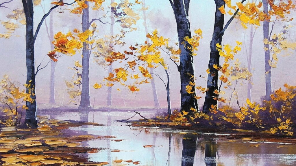 Vibrant strokes of Autumn: A Realistic Oil Painting Capturing the Beauty of Fall Wallpaper