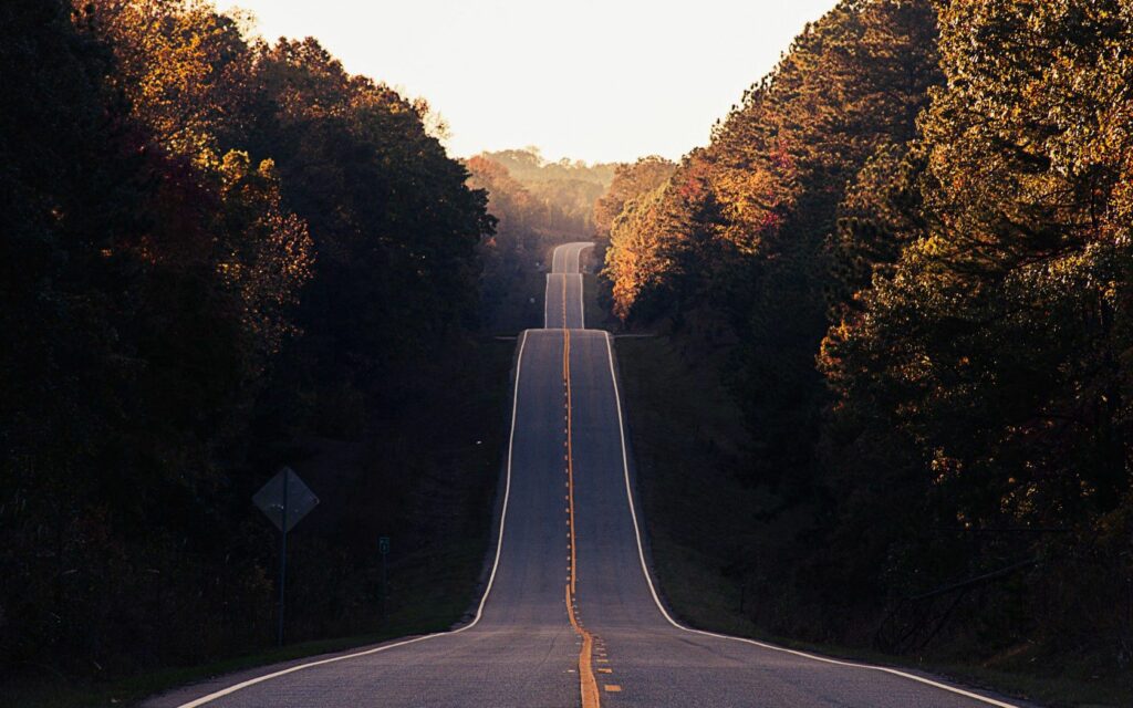 Winding road with yellow lines through autumn forest valley under soft natural light wallpaper
