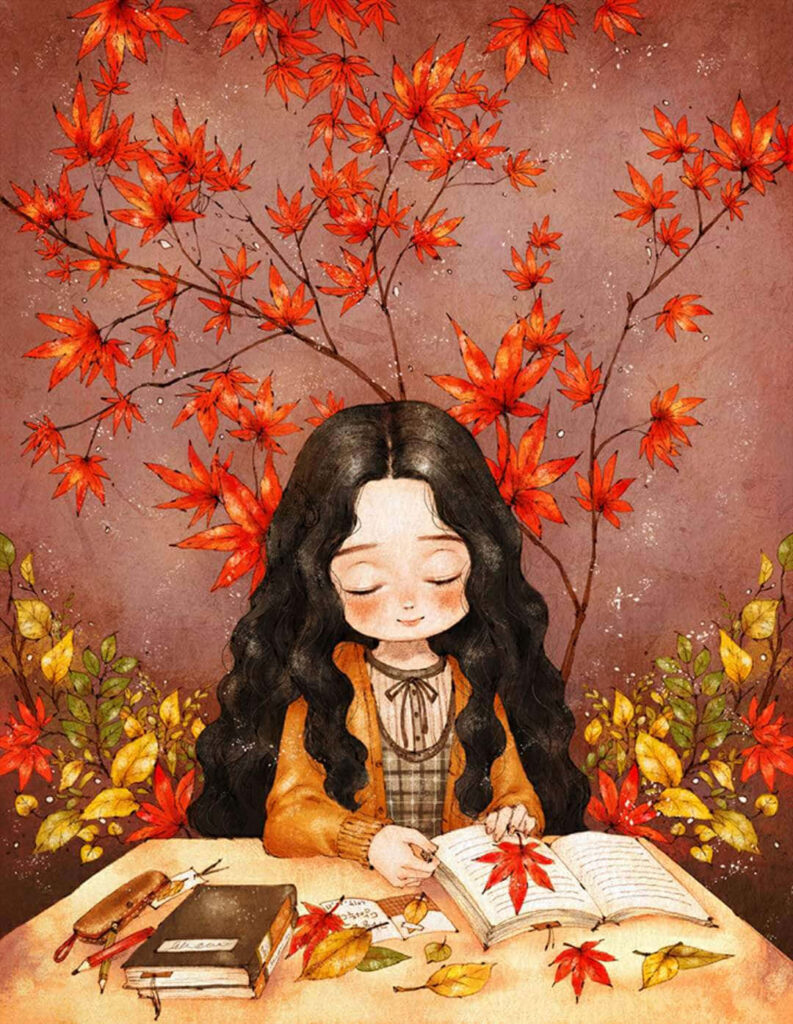 Anime Girl Writing in Autumn Leaves - Peaceful Fall Wallpaper