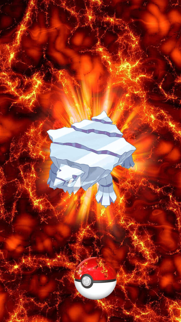 Avalugg icy Pokémon stands against bright fiery flames with Poké Ball battle wallpaper background