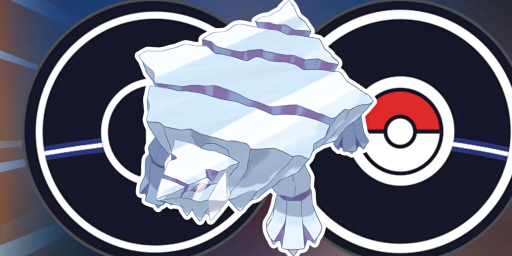 Avalugg Pokémon Go wallpaper with dynamic Poké Ball background and icy mountain terrain.